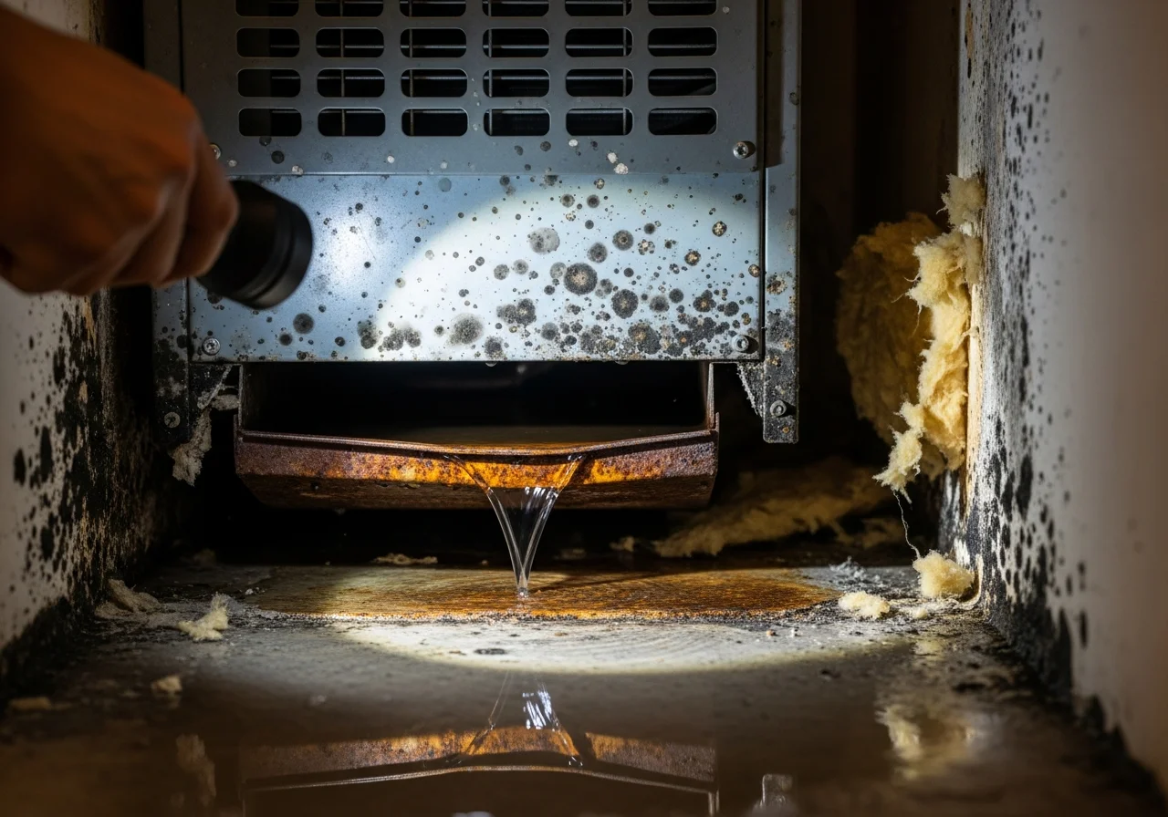 HVAC air handler with condensate overflow and mold growth inside a Miami Florida home showing a common cause of hidden water damage