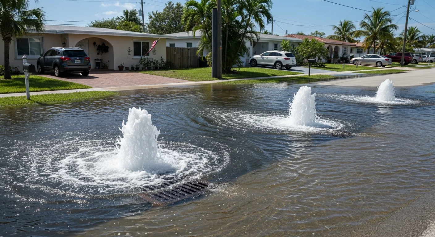 King tide flooding on a residential street in the Shorecrest neighborhood of Miami Florida with saltwater bubbling up through storm drains on a clear sunny day