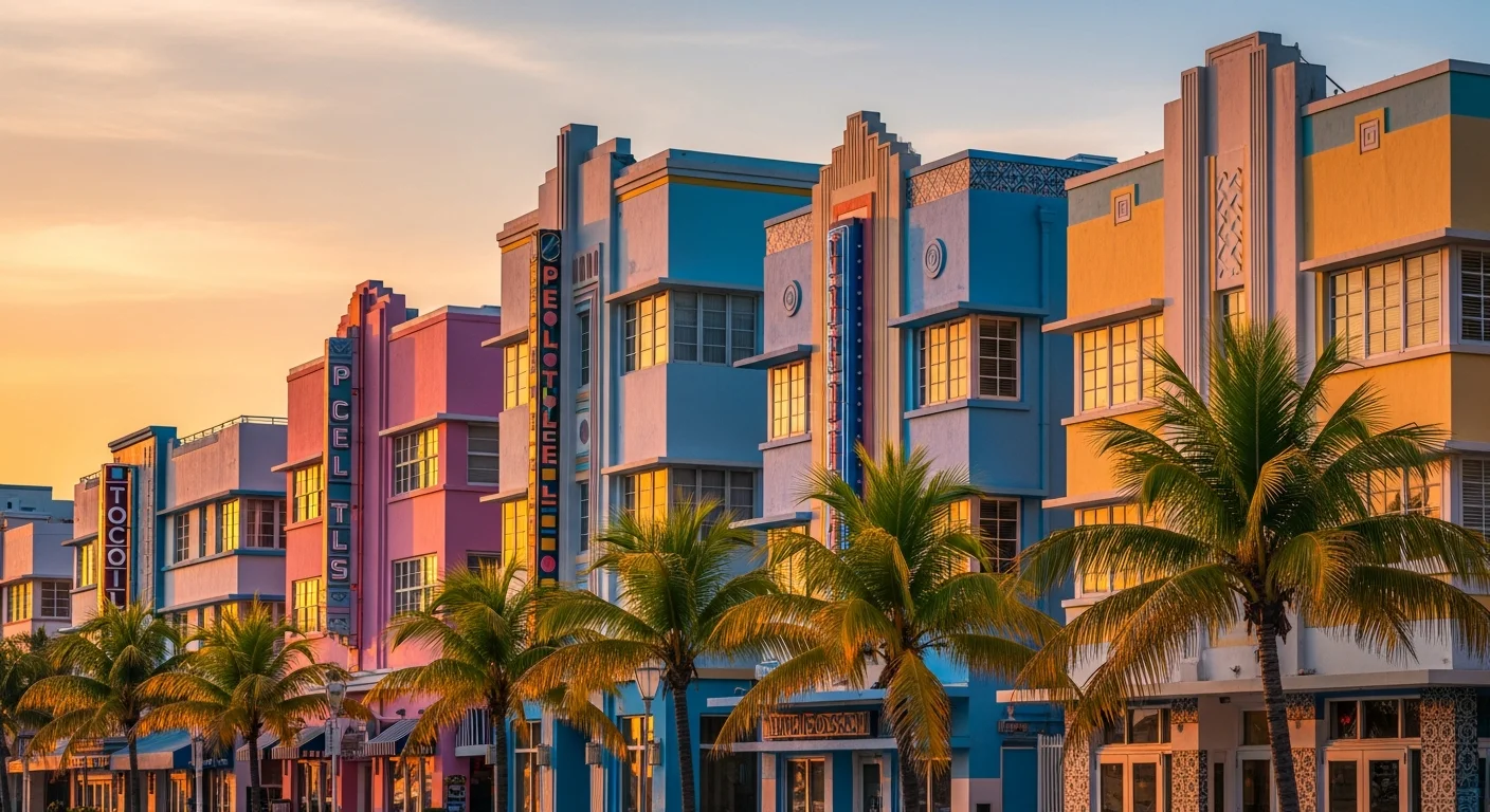 Art Deco architecture on Ocean Drive in Miami Beach FL with pastel stucco facades, decorative friezes, and eyebrow windows typical of the historic district