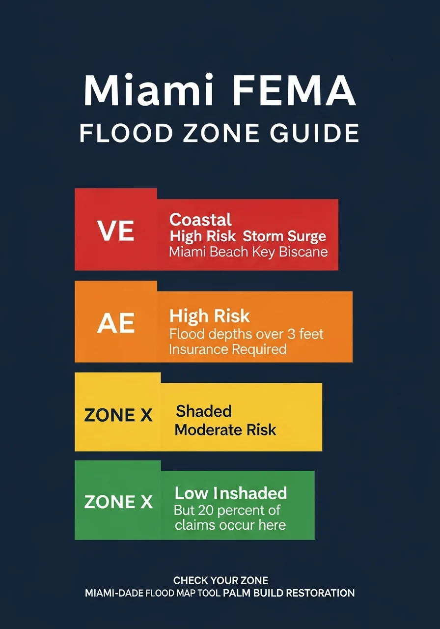 Miami FEMA flood zone guide infographic showing Zone VE, AE, and X classifications with color-coded risk levels for Miami-Dade County neighborhoods