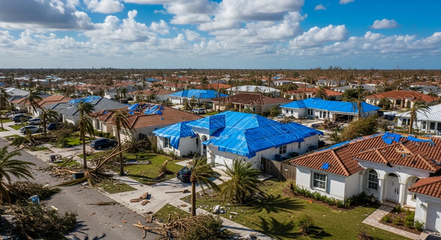 Aerial view of Miami FL residential neighborhood showing hurricane damage to roofs, downed trees, and debris scattered across streets after a major storm event