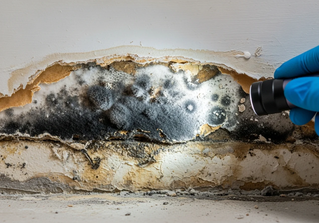Mold damage discovered behind baseboard in a Miami FL home showing hidden colony growth from slab moisture and HVAC condensation