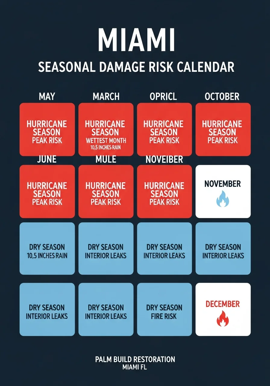 Miami seasonal damage risk calendar infographic showing month-by-month water damage, storm damage, and mold growth risk levels throughout the year