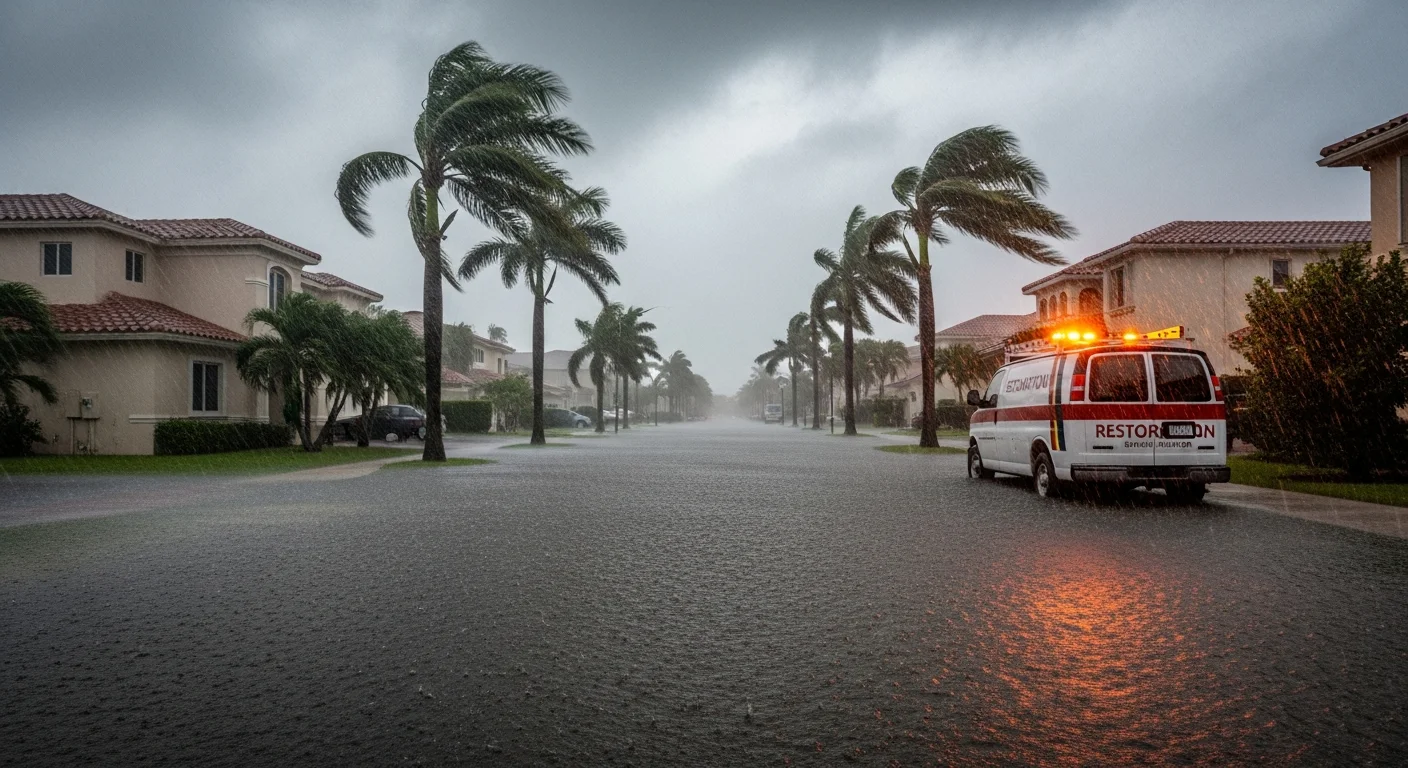 Flooded residential street in Miami Florida during heavy tropical rainfall with stucco homes and palm trees showing the severity of water damage risk in the metro