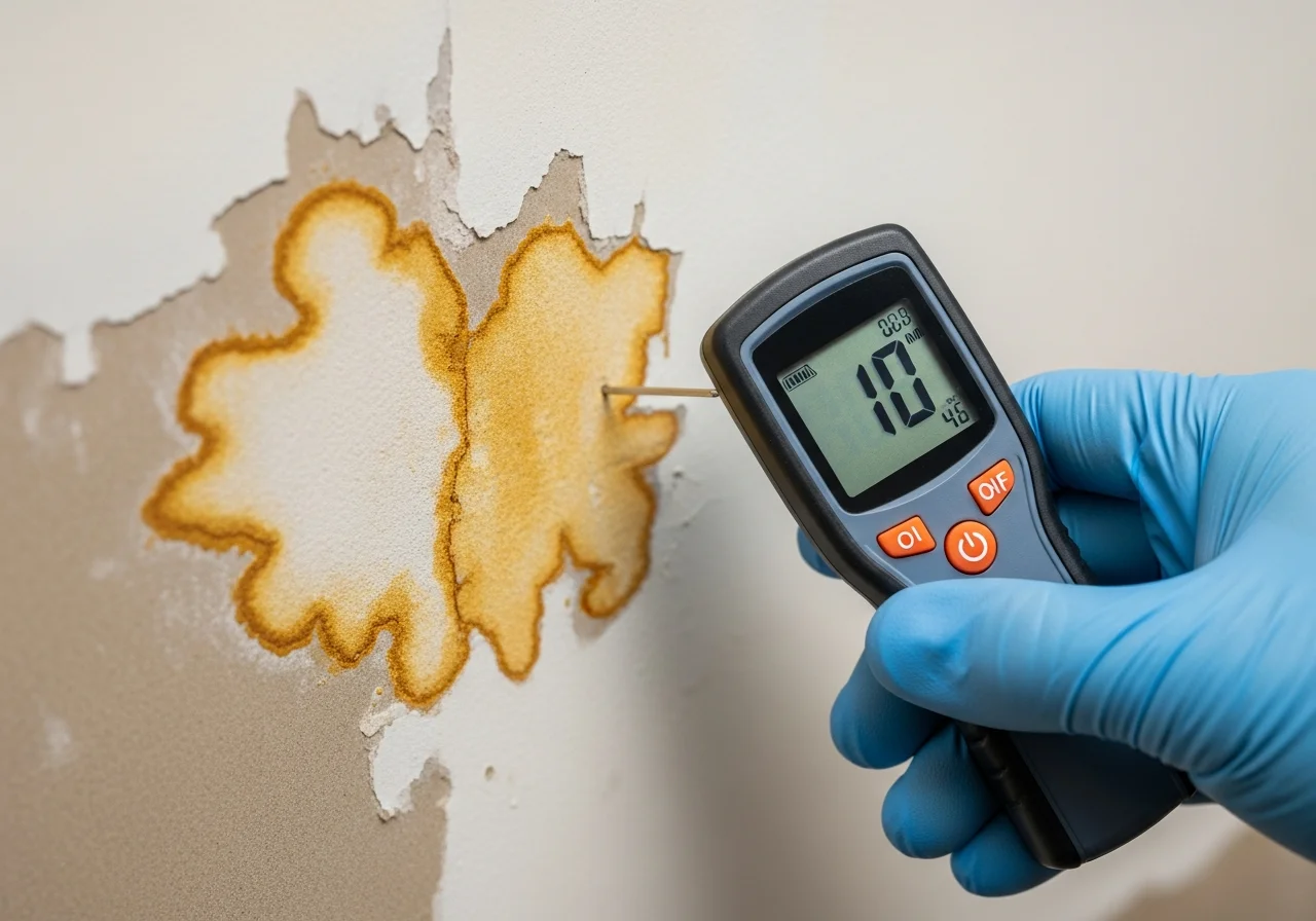 Pin-type moisture meter showing high reading on a water-damaged wall inside a Miami home during restoration assessment