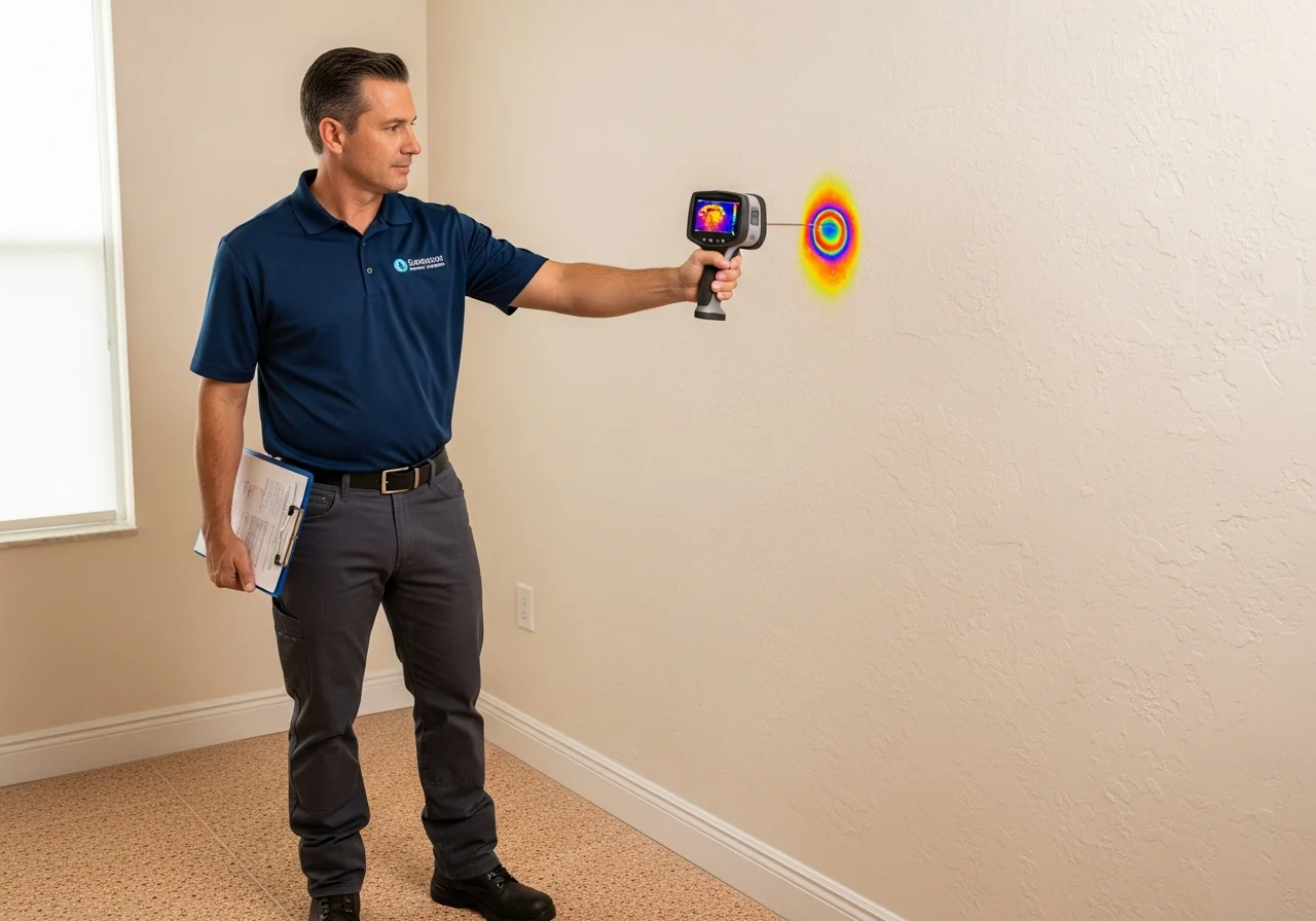 Professional mold inspection using infrared thermal camera to detect hidden moisture and mold behind walls in a Miami FL home