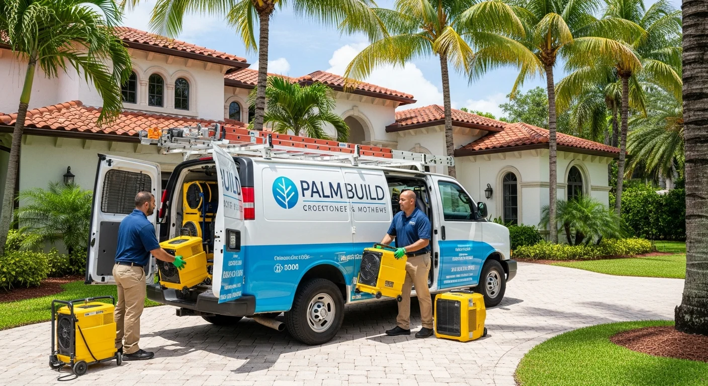 Palm Build restoration crew in navy uniforms unloading commercial drying equipment from a branded white van in front of a Mediterranean-style Miami home