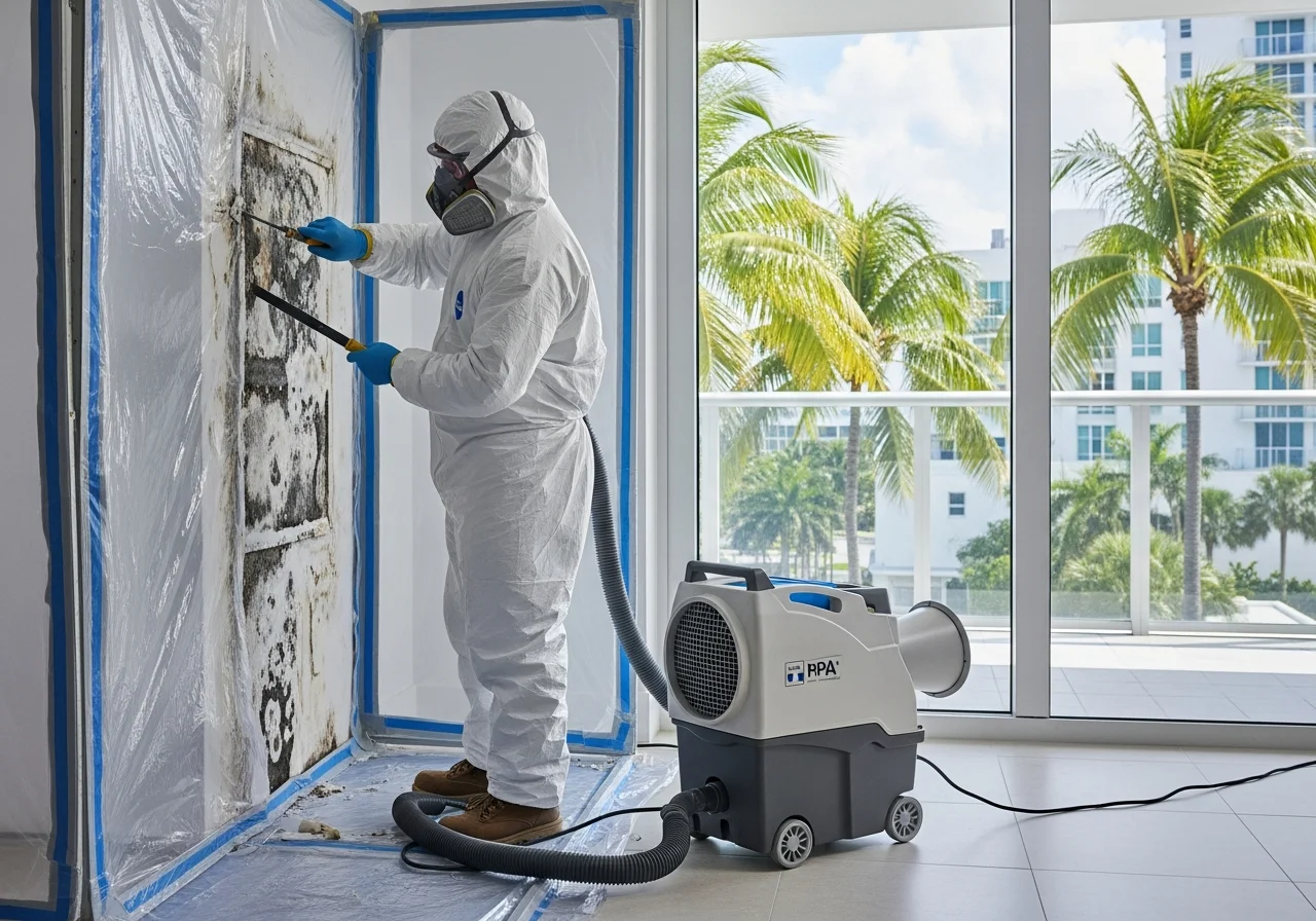 DBPR-licensed mold remediation technician performing moisture assessment in a Miami Florida condo with CBS stucco walls
