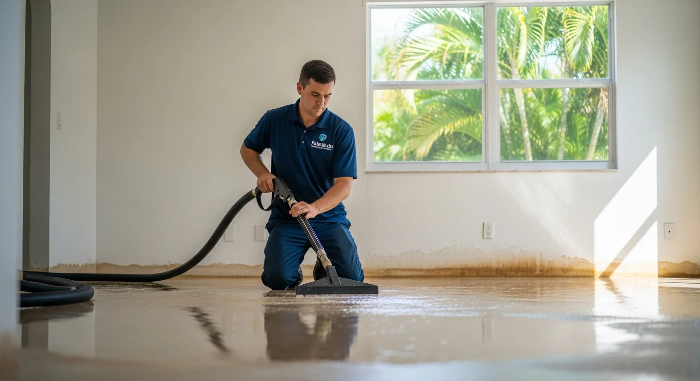 Palm Build restoration technician performing water extraction in a Miami Florida home with white stucco walls and tropical palm trees visible through windows