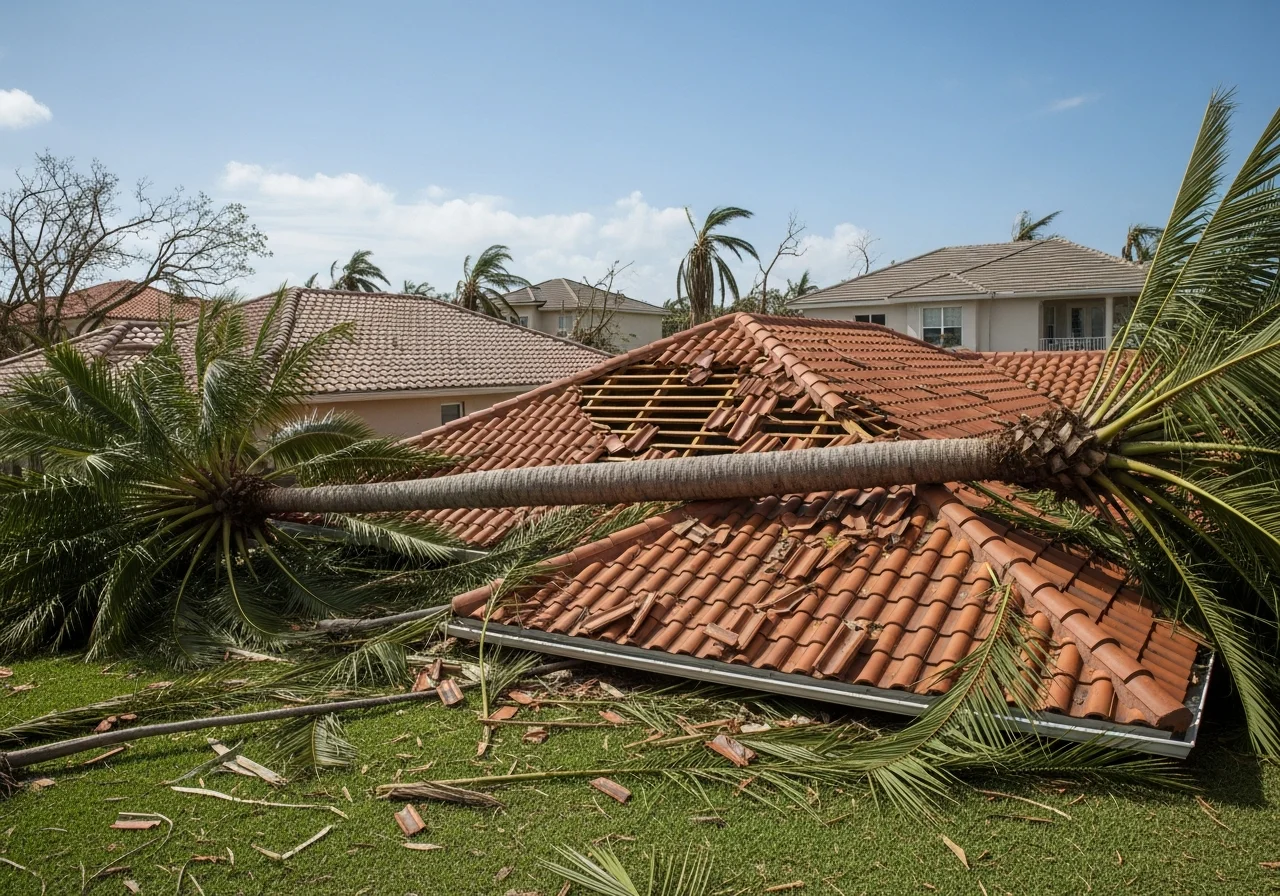 Royal palm tree fallen onto roof of Miami FL home during hurricane causing structural damage and roof penetration