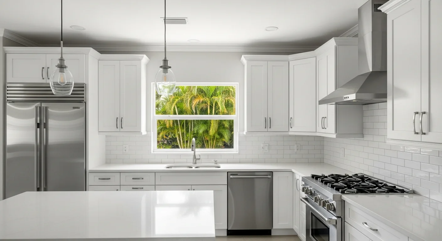 Fully restored Miami kitchen after fire damage with new finishes and HVHZ-compliant reconstruction