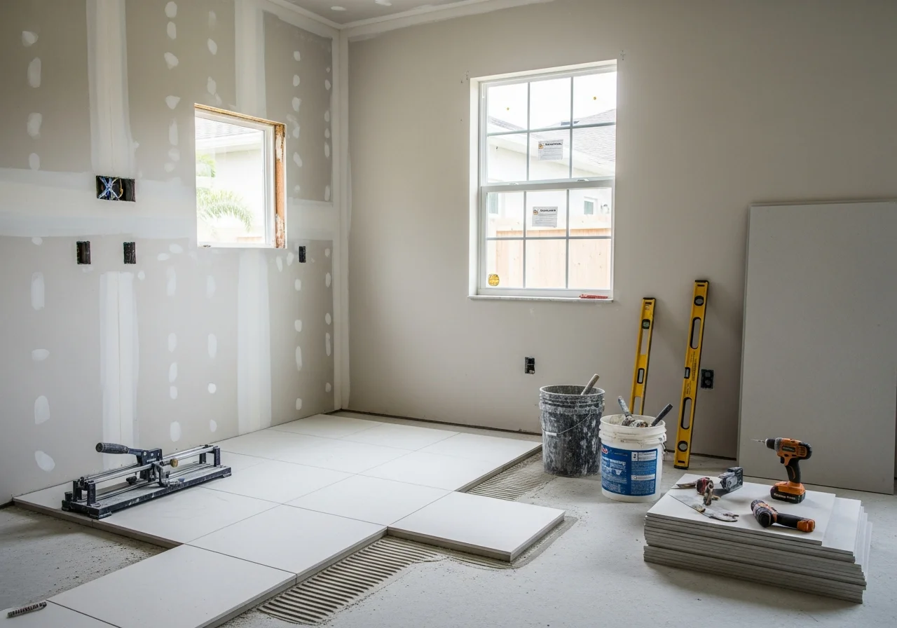 New drywall installation during reconstruction at a Miami Florida home after water damage restoration