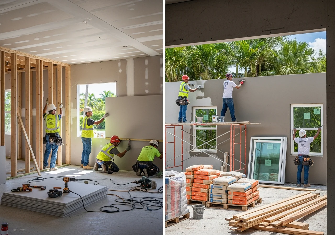 Reconstruction in progress at a Miami Florida home showing CBS concrete block wall repair and HVHZ-compliant structural upgrades