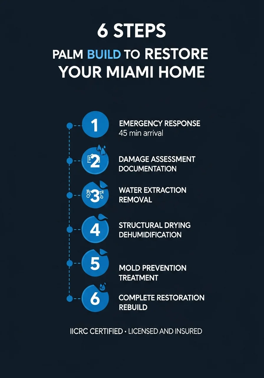 Infographic showing Palm Build's 6-step water damage restoration process for Miami Florida homes including emergency response, extraction, drying, and reconstruction