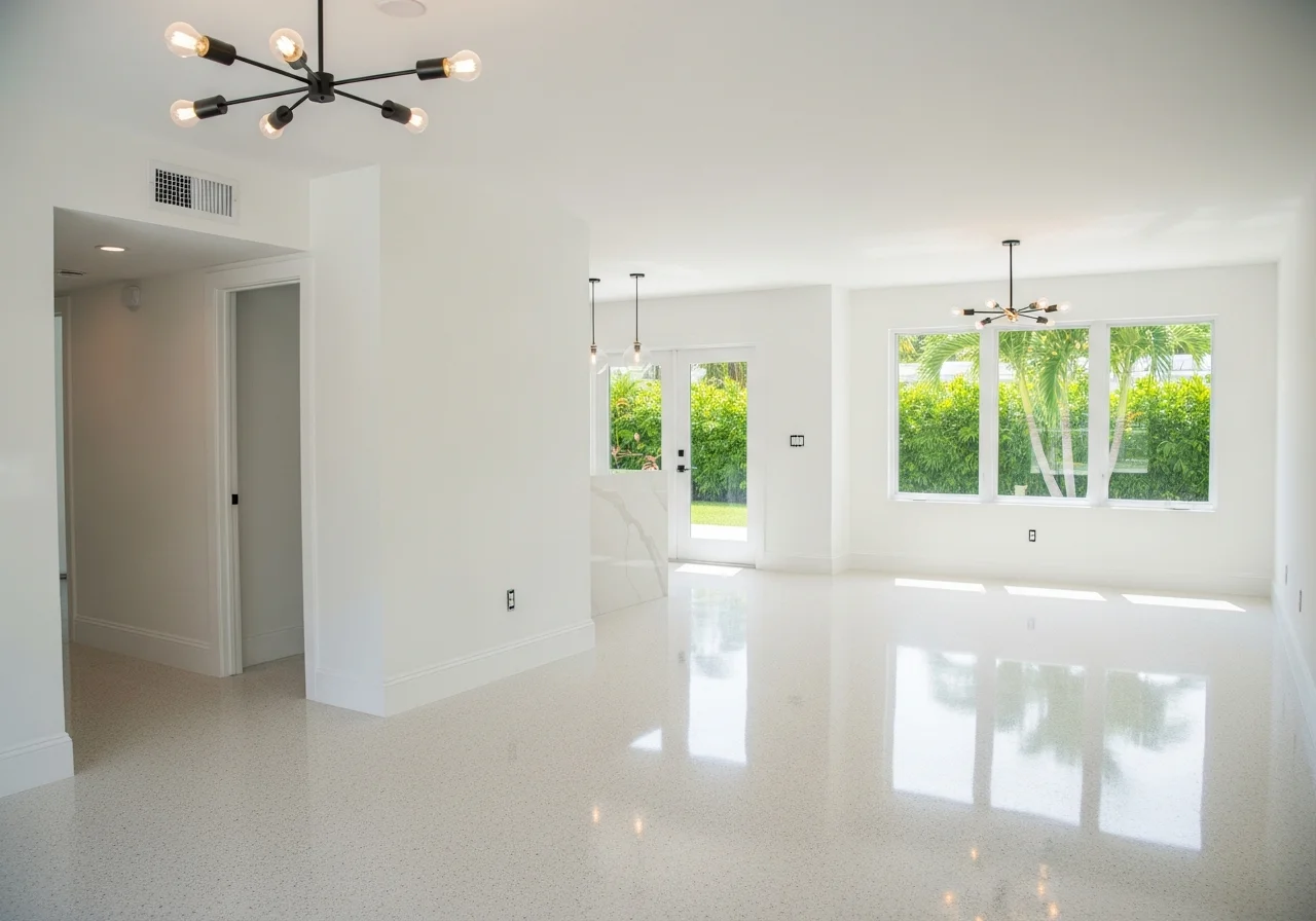Beautifully restored Miami Florida home interior after complete water damage restoration with fresh walls, pristine terrazzo floors, and natural light