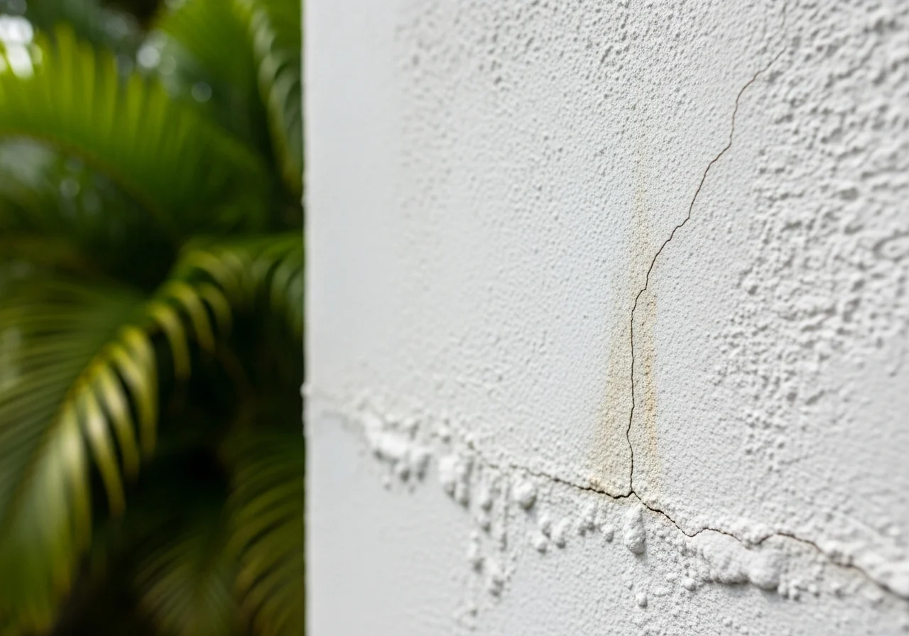 Close-up of stucco cracks and efflorescence on a CBS concrete block home in Miami Florida showing how water penetrates behind walls