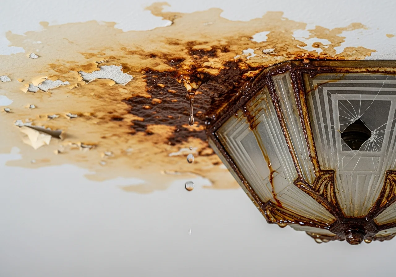 Water damage to a ceiling inside a Miami Beach Art Deco apartment showing brown water stains, peeling paint, and active dripping from the unit above