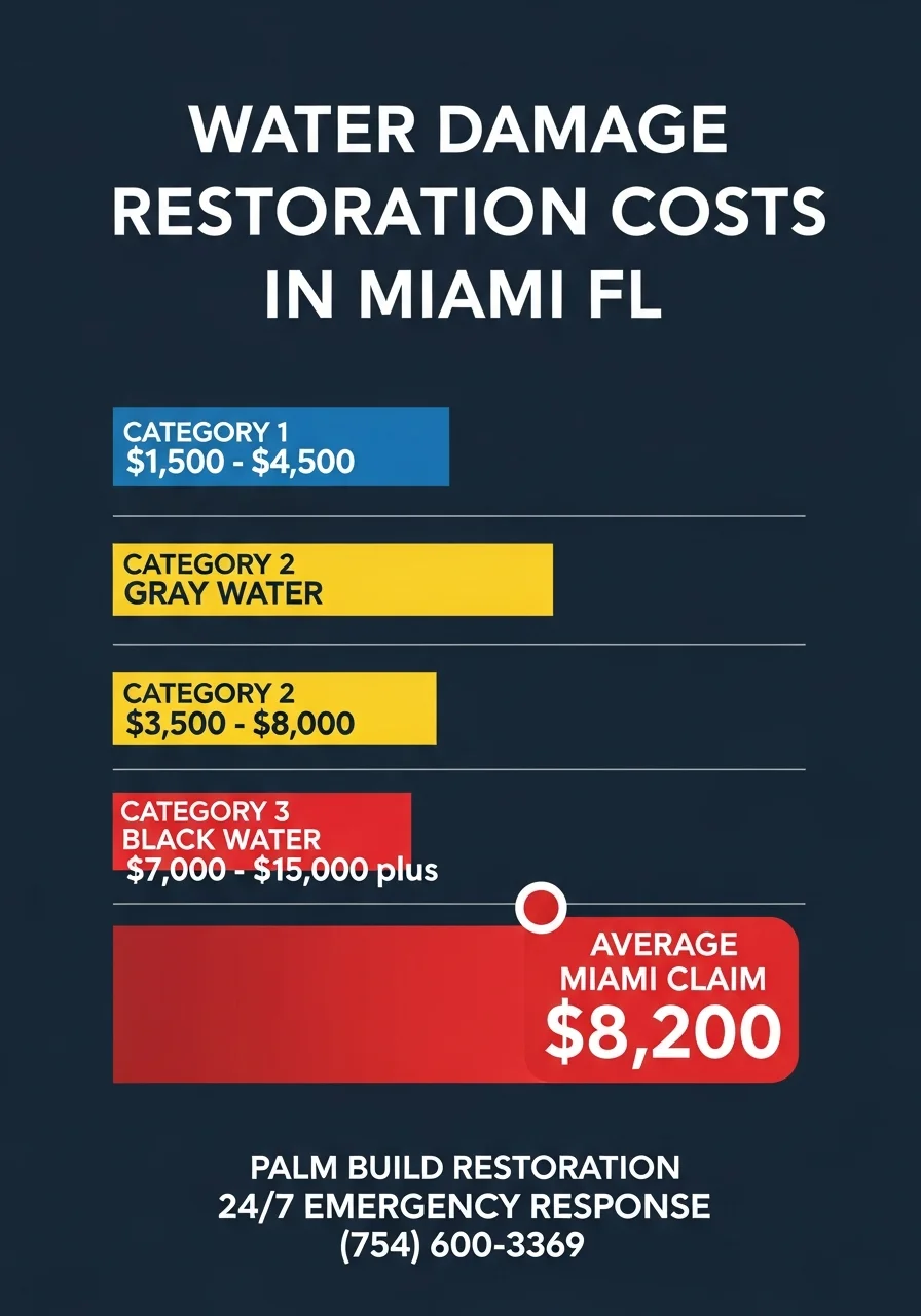 Water damage restoration cost comparison infographic for Miami Florida showing Category 1, 2, and 3 water damage price ranges and average claim amounts