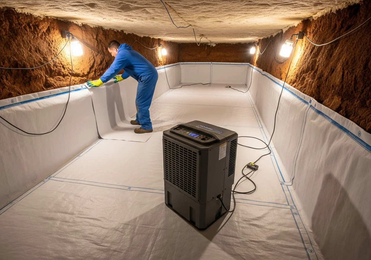 Completed crawl space encapsulation with vapor barrier and dehumidifier in Mint Hill NC
