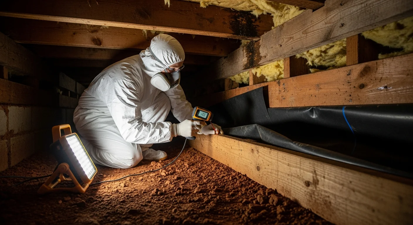 Restoration technician inspecting crawl space moisture and floor joists in a Mint Hill NC home