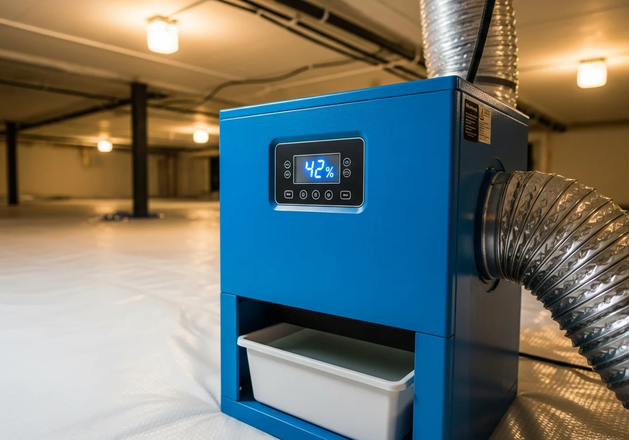 Commercial dehumidifier installed in a Mint Hill NC crawl space after mold remediation