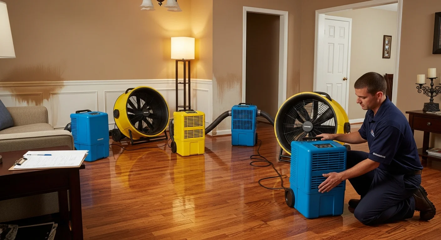 Commercial drying equipment set up inside a water-damaged Mint Hill NC home with air movers and dehumidifiers