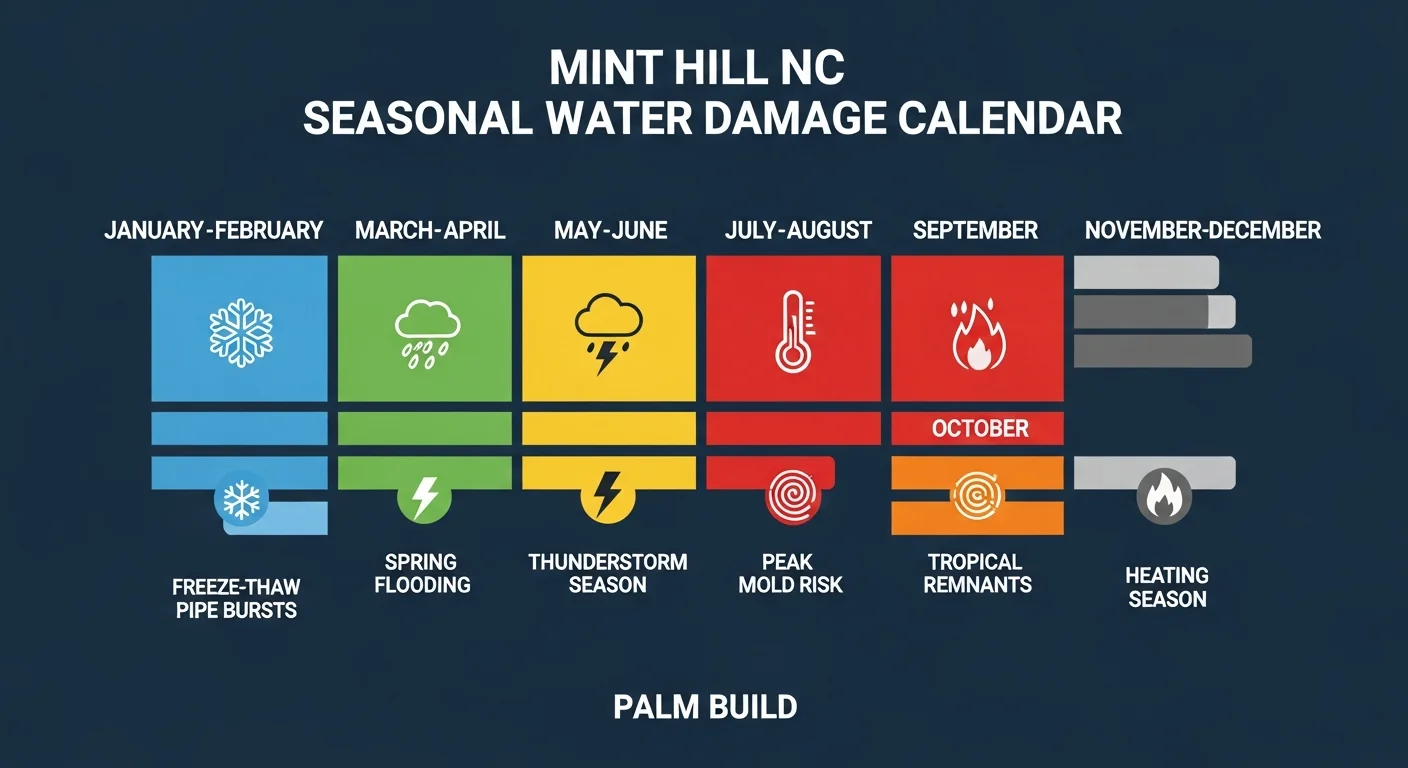 Mint Hill NC seasonal water damage risk calendar showing month-by-month damage patterns