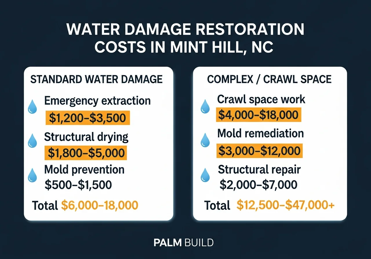 Infographic showing water damage restoration cost ranges for Mint Hill NC homes