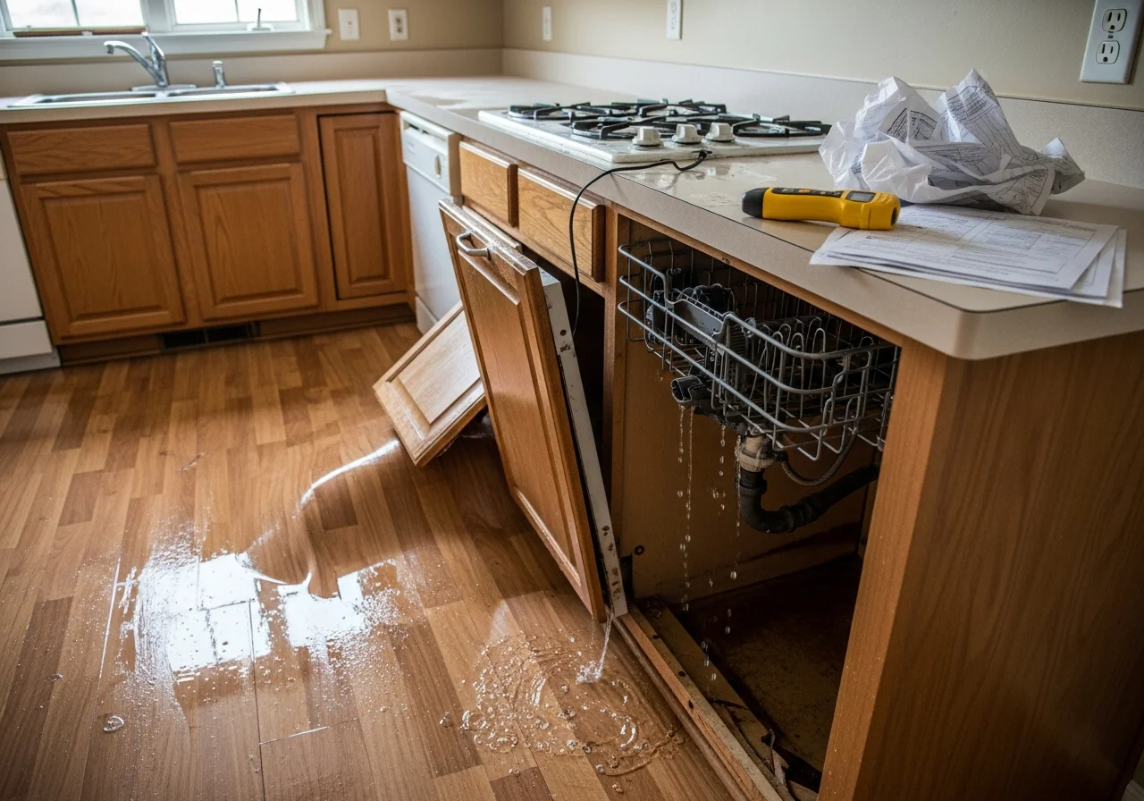 Water damage to kitchen cabinets and flooring in a Mint Hill NC home showing warped materials and staining