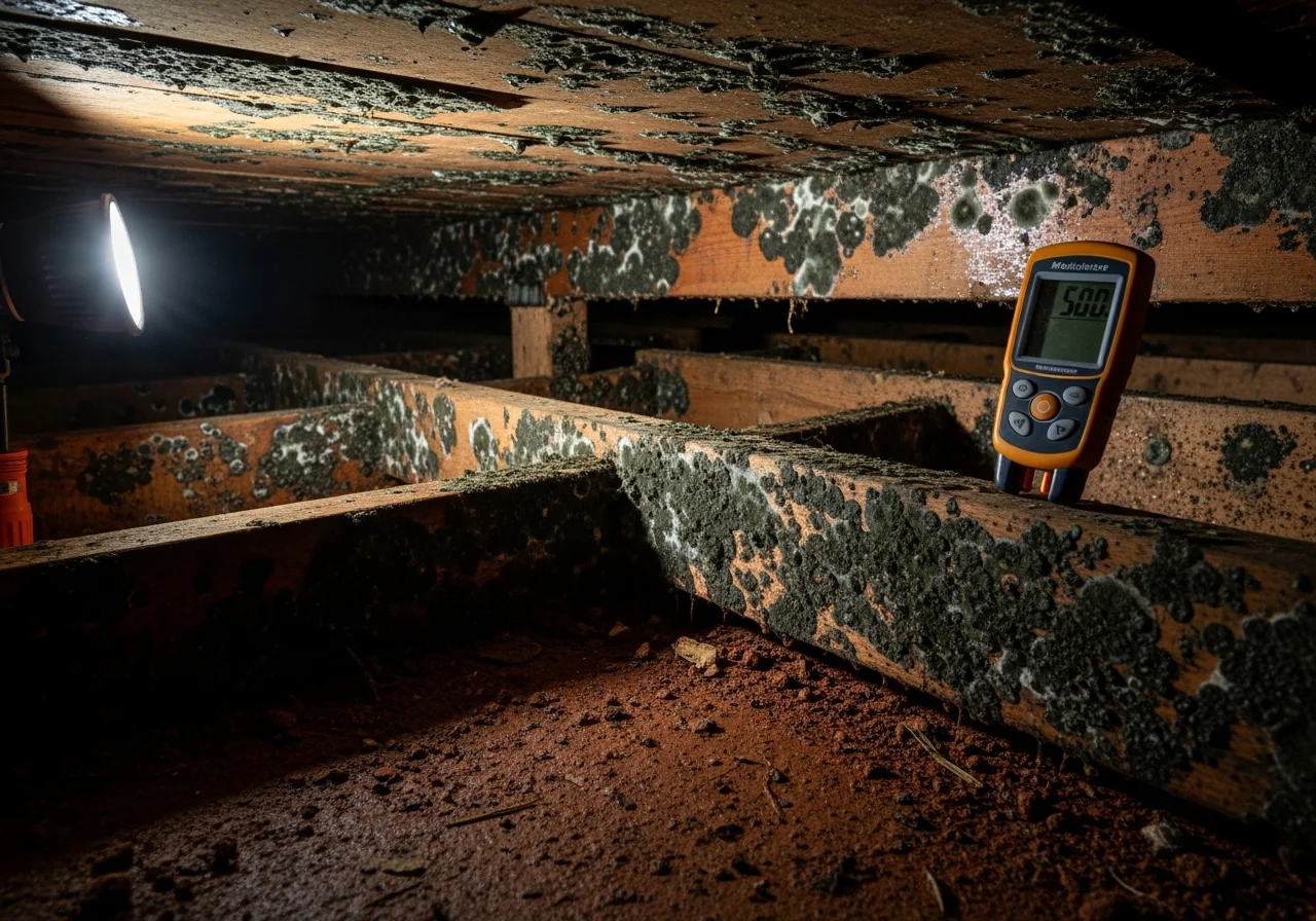 Active mold growth on floor joists in a Mint Hill NC crawl space