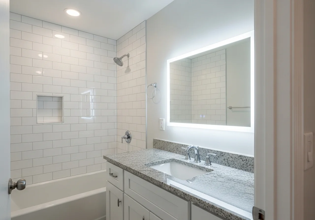 Beautifully restored bathroom with new tile and fixtures in a Mint Hill NC home after water damage restoration