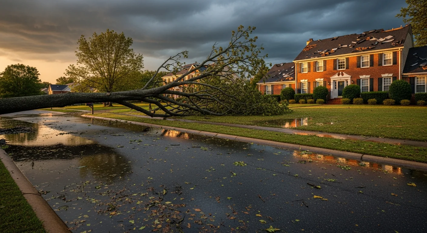 Storm damage aftermath in a Mint Hill NC neighborhood showing flooding and debris