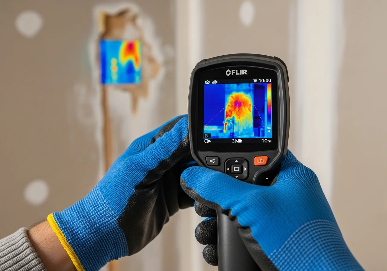Thermal imaging camera detecting hidden moisture behind walls in a Mint Hill NC home