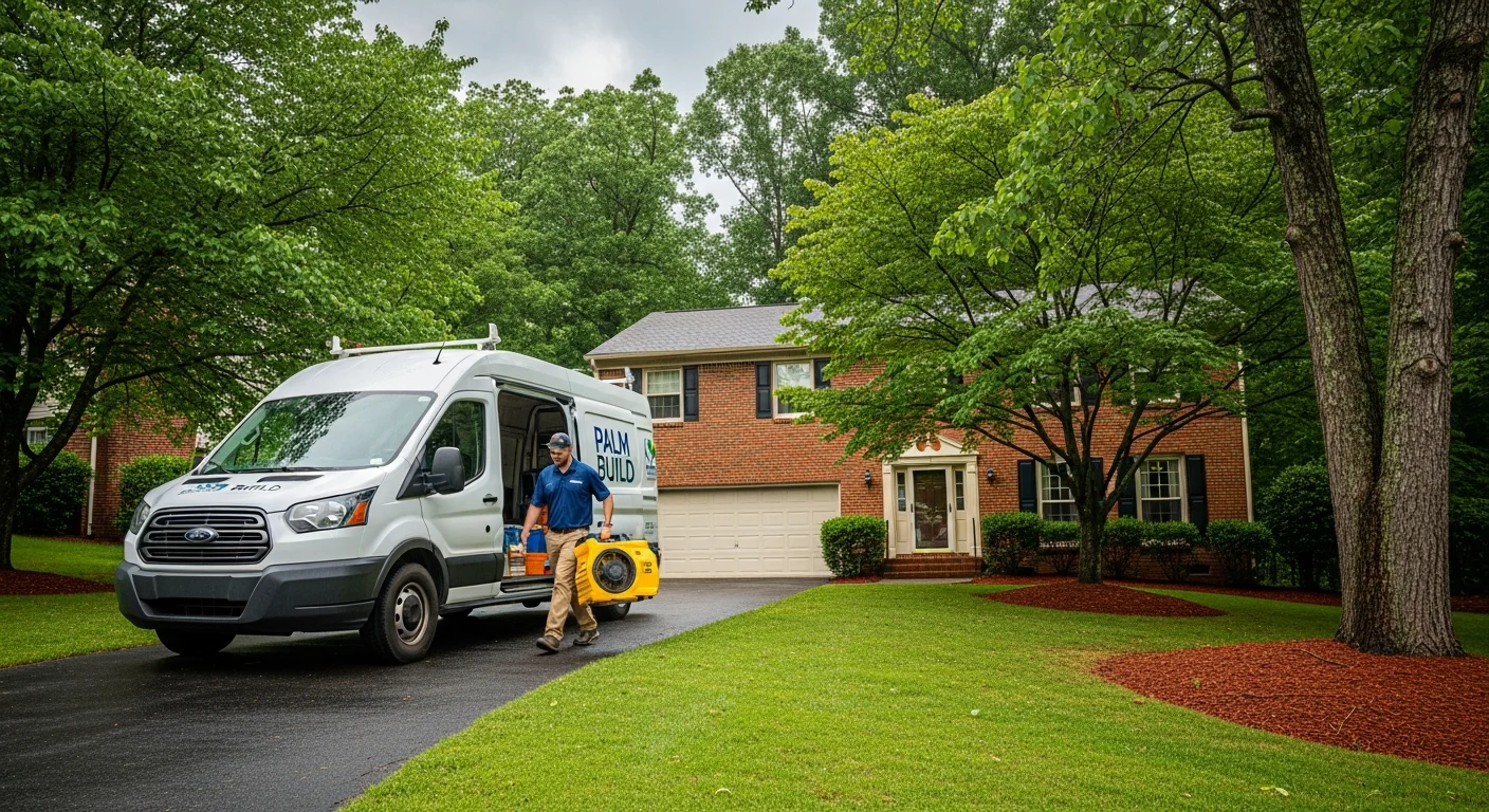 Palm Build restoration truck arriving at a Mint Hill, North Carolina suburban home with mature oak trees and brick construction after a rainstorm