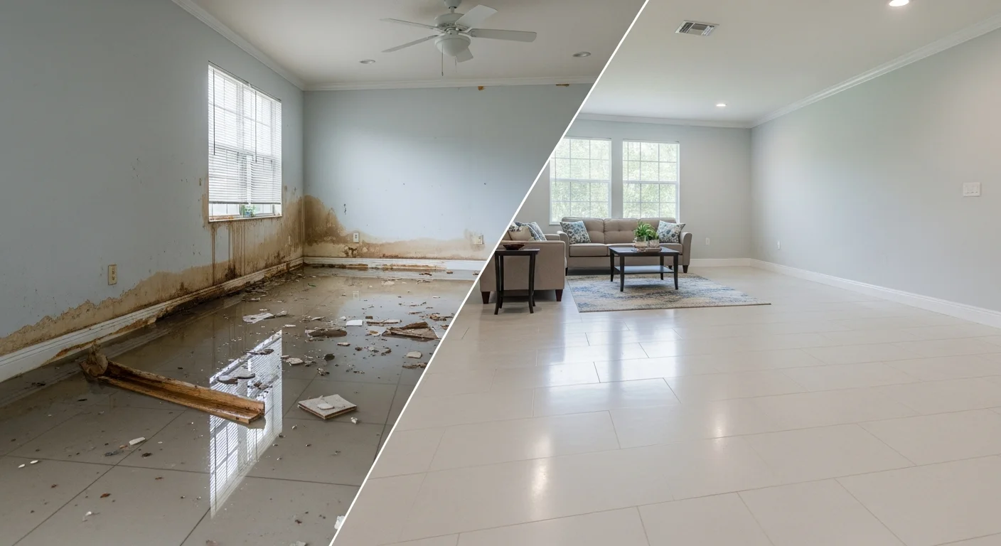 Before and after water damage restoration and reconstruction at a Miramar Florida property showing complete interior rebuild