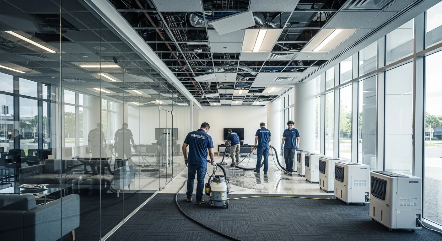 Palm Build commercial restoration crew working on a multi-story mixed-use building in the Miramar Town Center district of Miramar Florida with restoration equipment visible