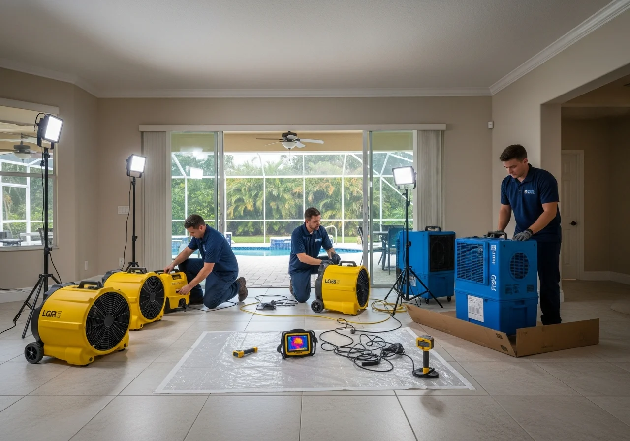Commercial LGR dehumidifiers and high-velocity air movers deployed in a Miramar Florida living room during insurance-covered water damage restoration
