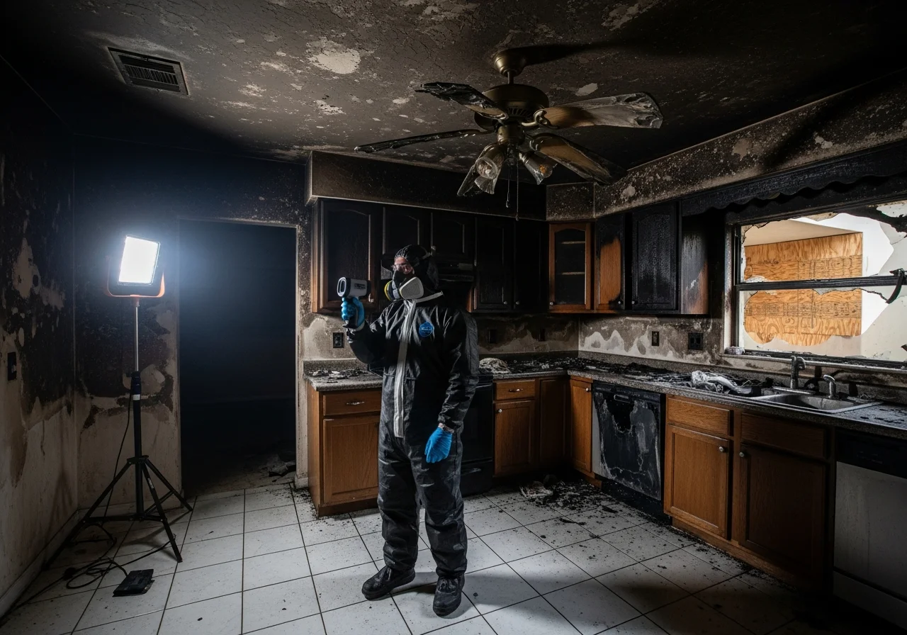Fire and smoke damage in a Miramar Florida kitchen showing soot deposits on CBS stucco walls and ceiling with Palm Build restoration equipment staged for cleanup