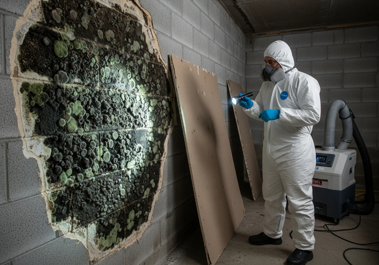 Hidden mold growth discovered behind CBS concrete block wall during remediation in a Miramar Florida home with Palm Build restoration crew in containment gear