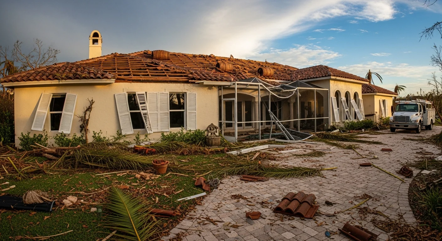 Storm and hurricane damage to a Miramar Florida home showing displaced barrel tile roof sections and wind damage with Palm Build restoration crew on site