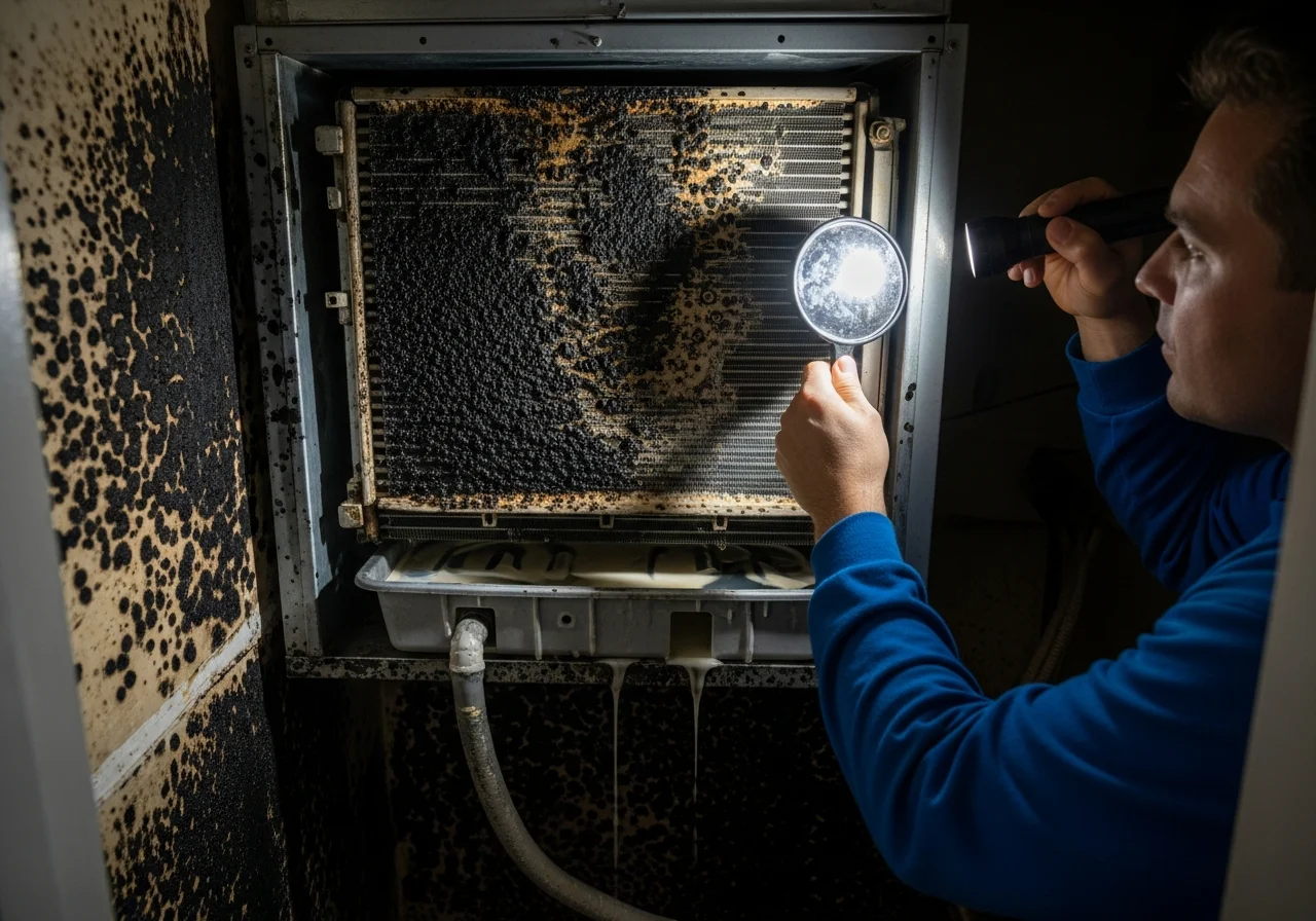 HVAC condensate overflow causing mold growth in a Miramar FL CBS block home near retention lake
