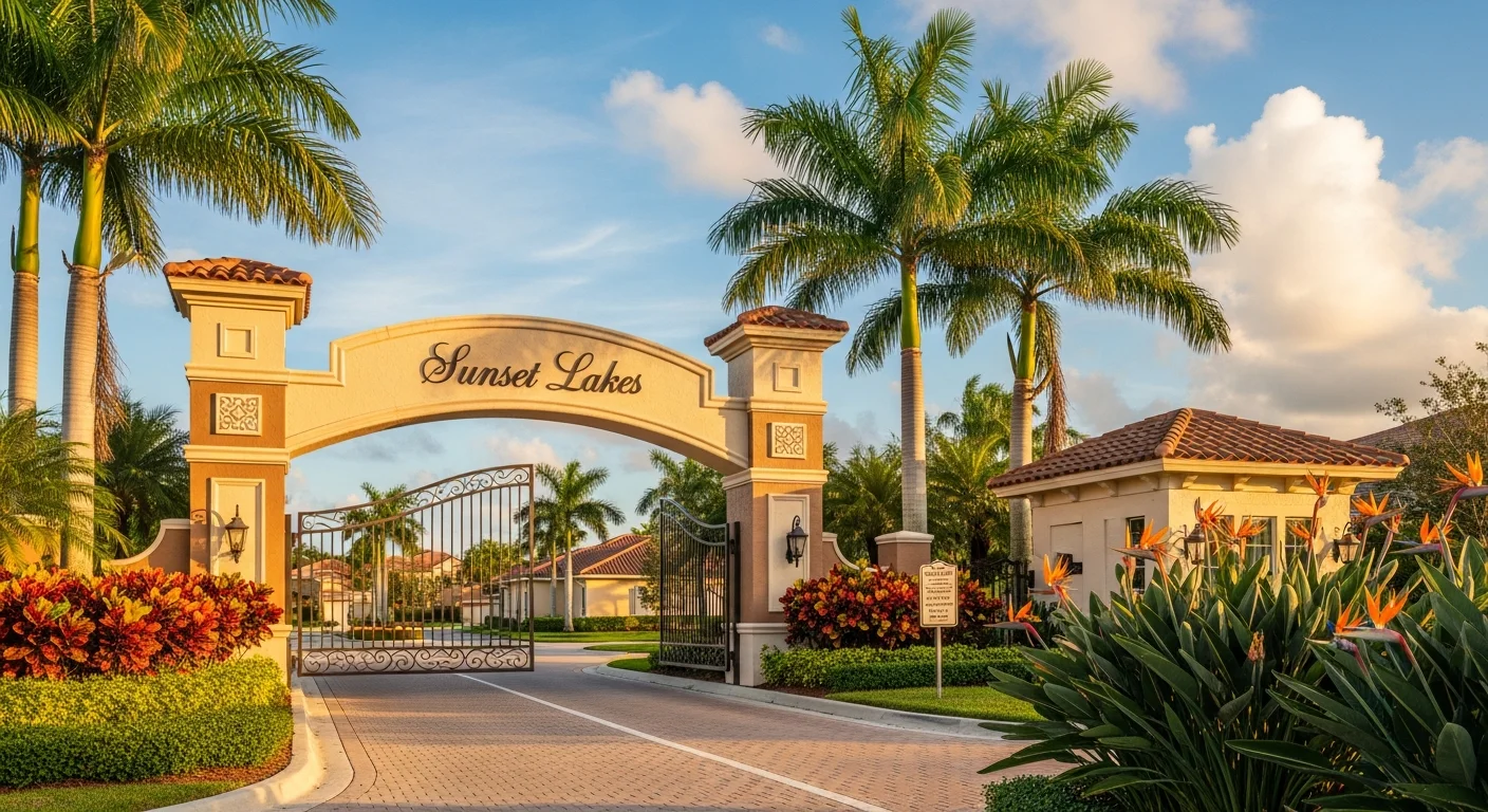 Entrance to a gated community in Miramar Florida where Palm Build provides fire and smoke restoration services