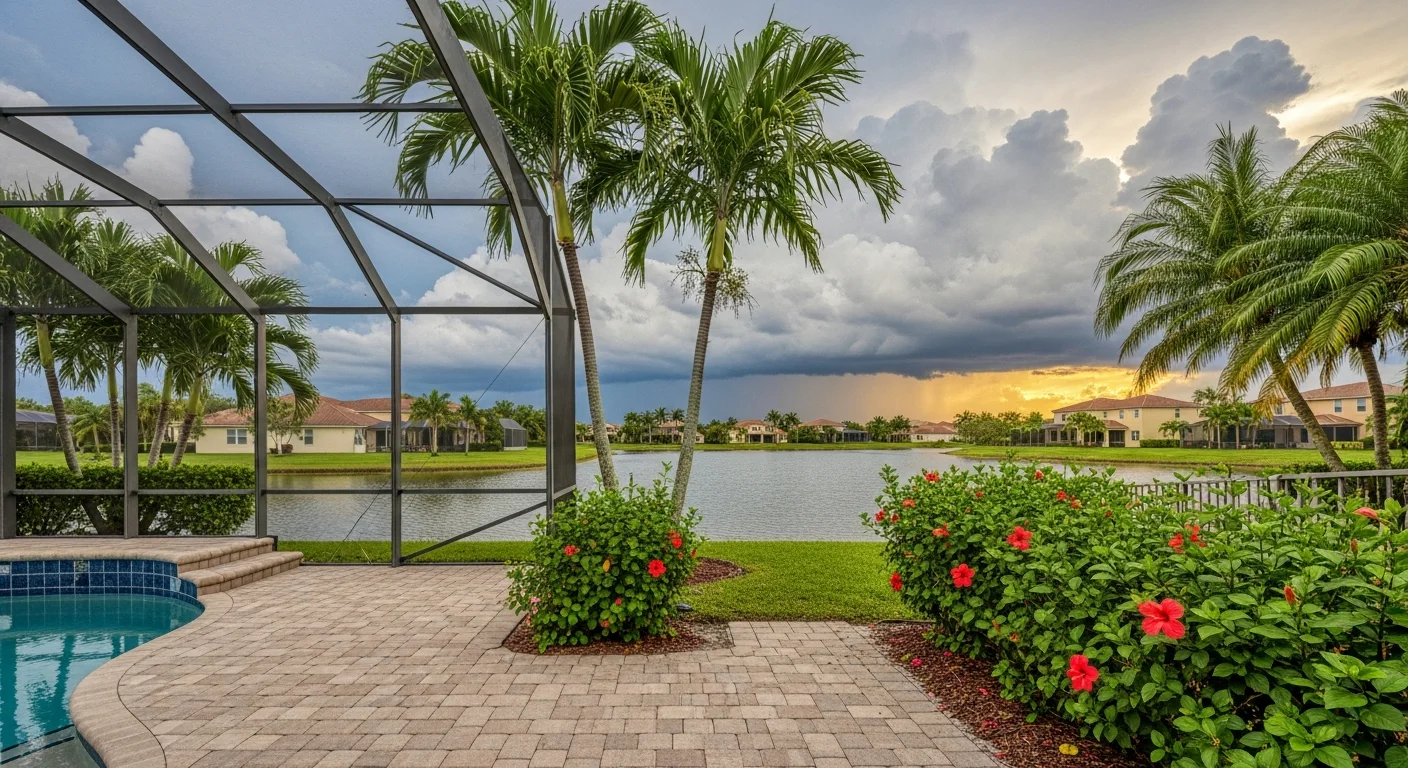 Backyard view of a Miramar Florida lakefront home with pool enclosure and retention lake showing elevated humidity conditions