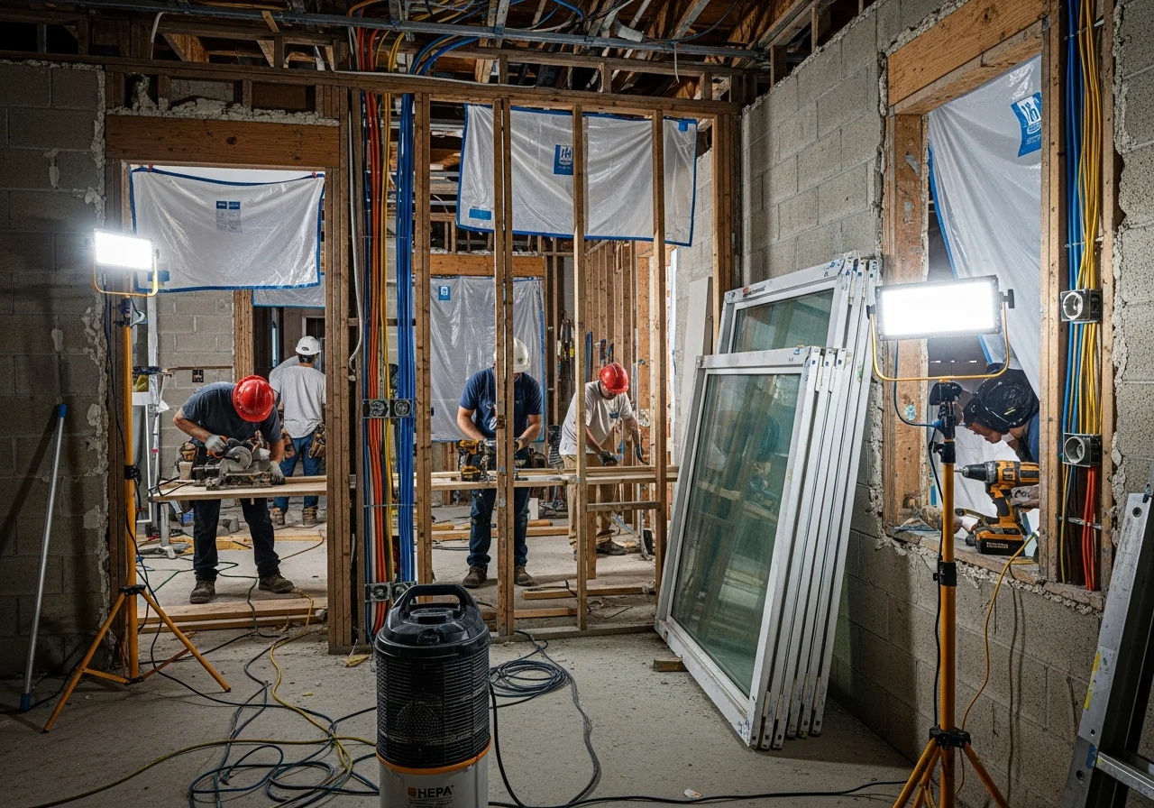 Palm Build reconstruction in progress at a Miramar Florida home after fire damage with new framing and updated electrical
