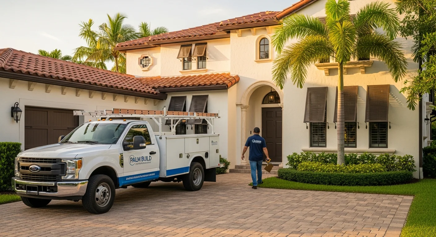 Palm Build restoration truck parked in a Miramar Florida residential driveway during fire damage cleanup and restoration