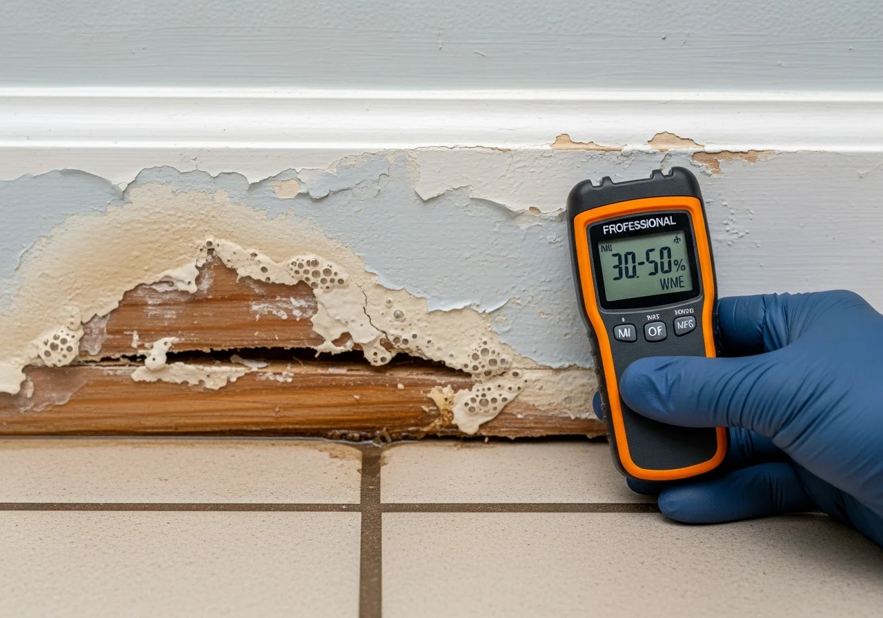 Close-up detail of water damage on a CBS concrete block stucco wall in a Miramar Florida home showing moisture migration and paint bubbling