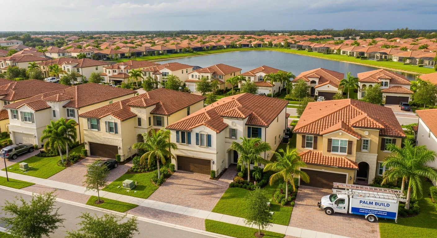 Aerial view of Mediterranean Revival stucco homes with barrel tile roofs in a Miramar Florida gated community with retention lake and Palm Build restoration truck in driveway