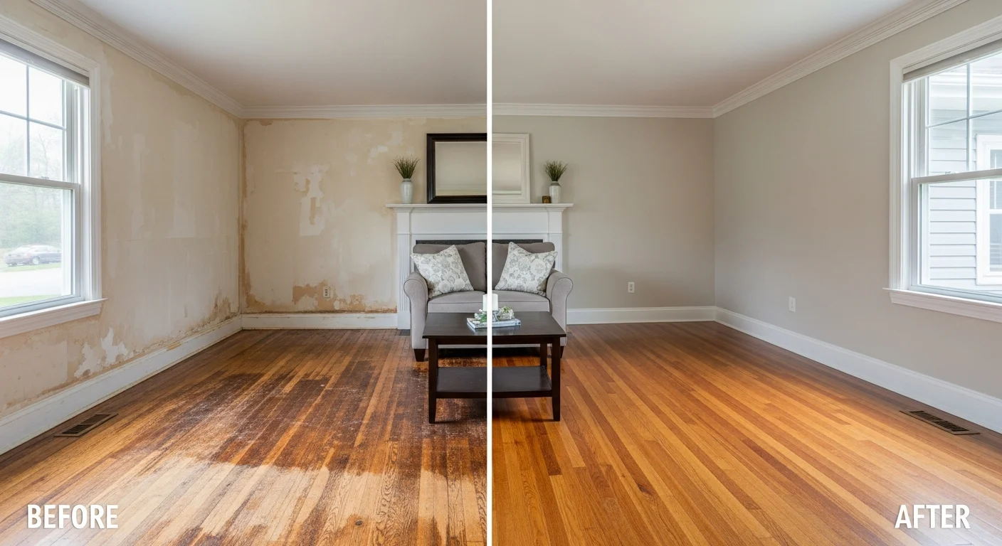 Before and after water damage reconstruction in a Monroe NC home showing damaged and fully restored living space
