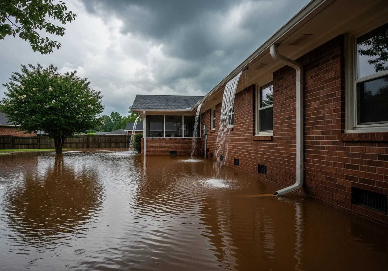 Standing water pooling against foundation of Monroe NC home after heavy rain in Piedmont clay soil showing slow drainage patterns