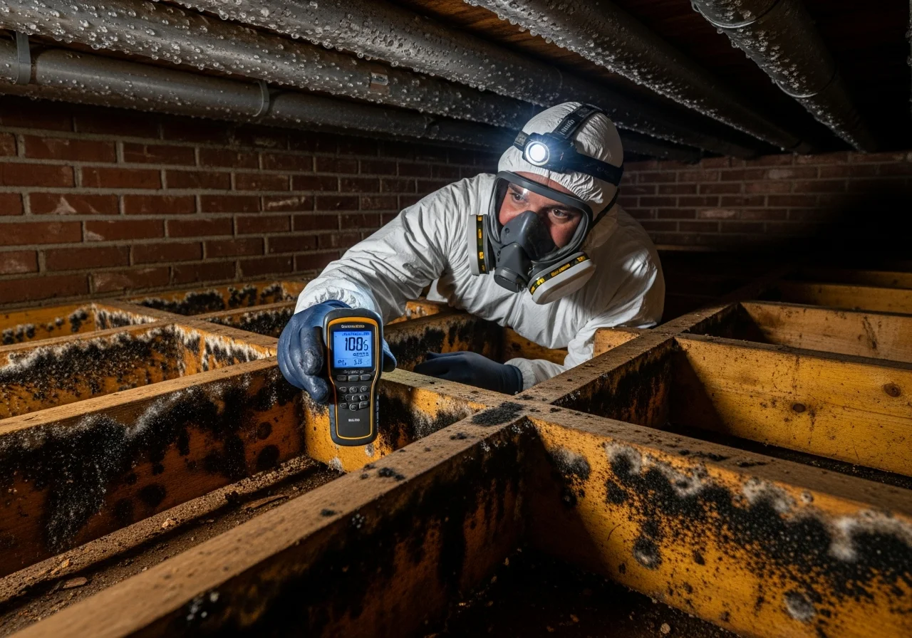 Palm Build technician inspecting mold and moisture damage in a crawl space beneath a Monroe, North Carolina home with Piedmont clay soil floor and fallen fiberglass insulation
